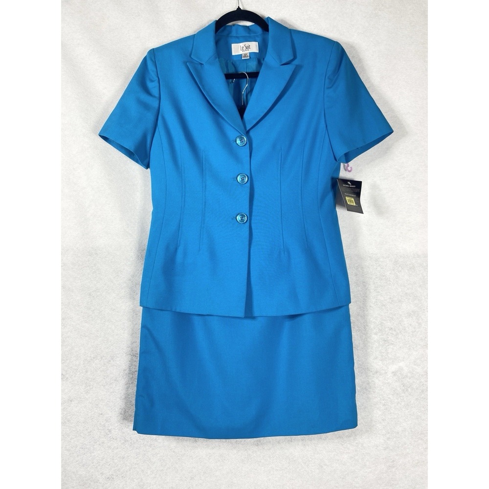 Le Suit 2PC Skirt Suit Women's Petite 10P Blue Blazer Button Short Sleeve New